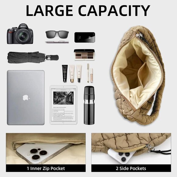 Large Quilted Puffer Shoulder Bag – Trendy Crossbody Tote with Zippered Pockets - Picture 2 of 6